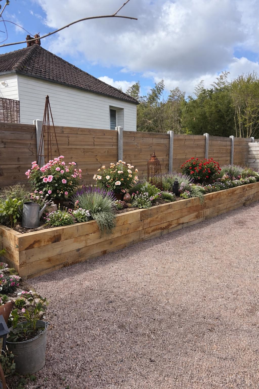 Jardinière en traverses bois plantée de vivaces fleuries